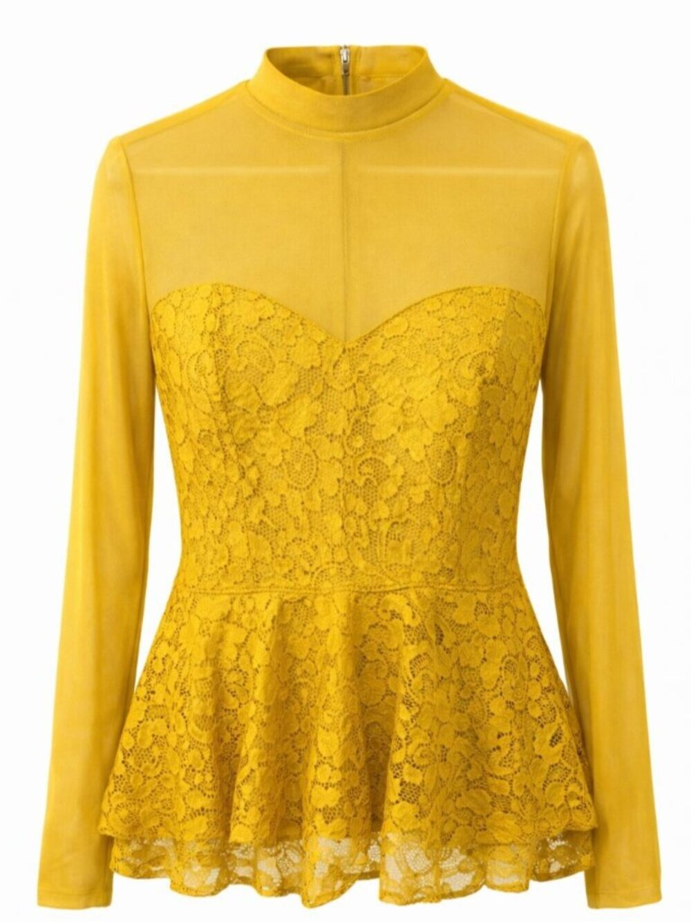 Mustard Yellow Sheer Lace Peplum Top